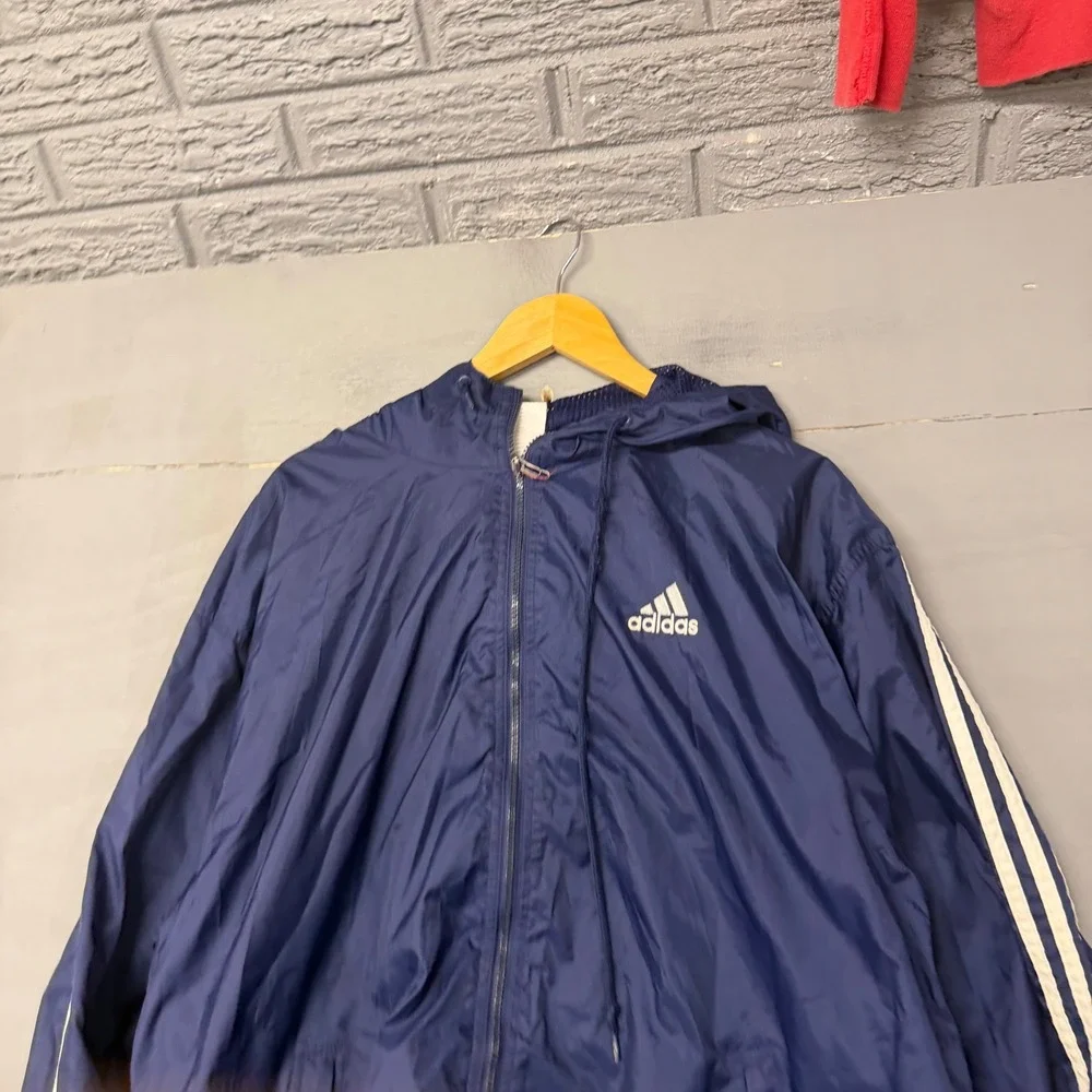 Adidas Vintage Navy Blue Three Stripe Hooded Windbreaker Track Jacket Full‎ Zip